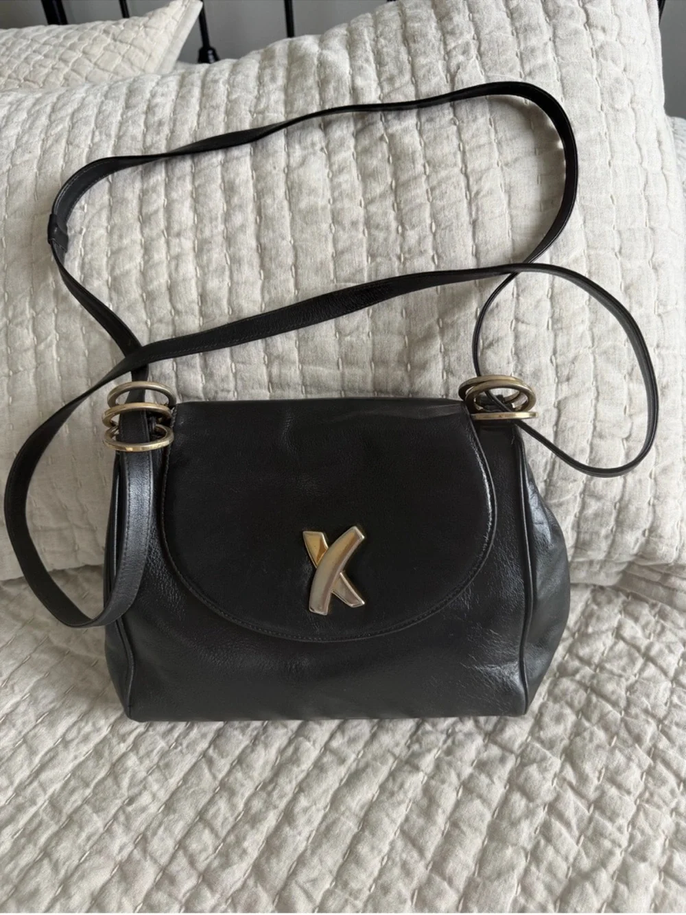 Paloma Picasso Black Leather Shoulder Bag with Gold Accent